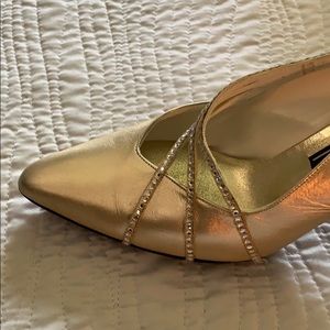 Golden sling backs with rhinestone strapping